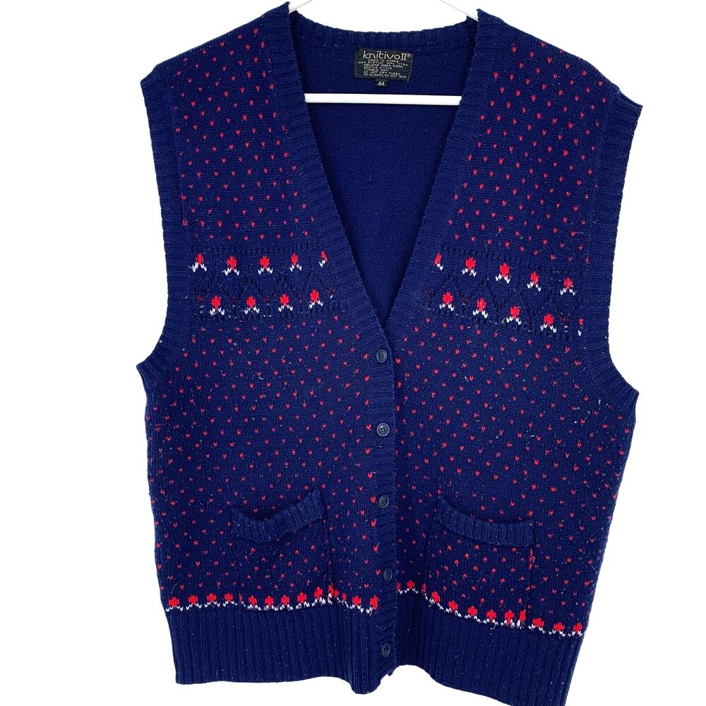 Knitivo II Vintage Women's Blue Red Polka Dot Acrylic Knit Sweater Vest Size 44